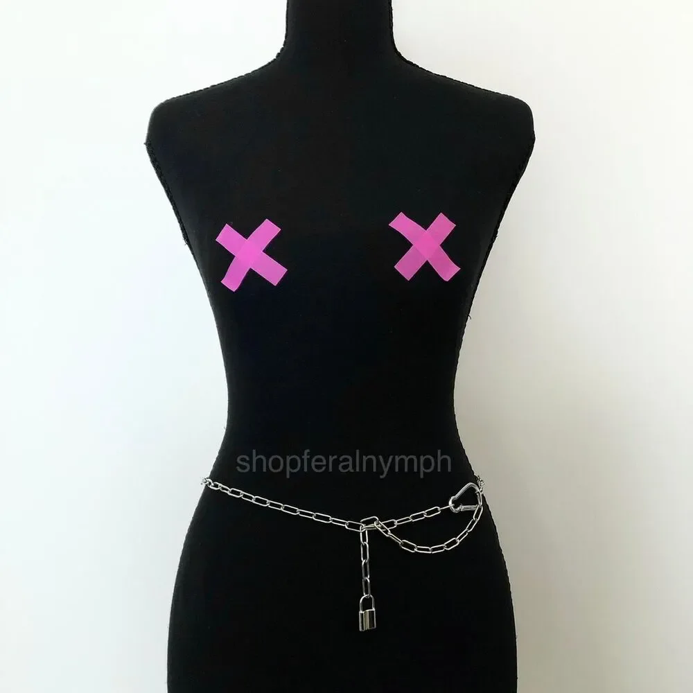 Vintage Y2K Cyberpunk Silver Padlock Chain Belt, Fits Up to 37 Inches, X7GA1226
